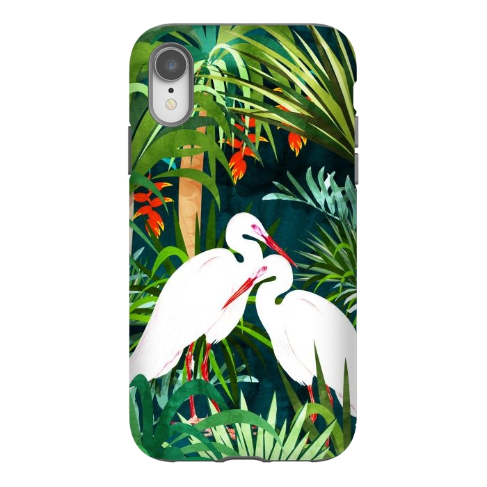 iPhone Xr StrongFit To Me, You're Perfect, Tropical Jungle Heron Watercolor Vibrant Painting, Stork Birds Wildlife Love por Uma Prabhakar Gokhale