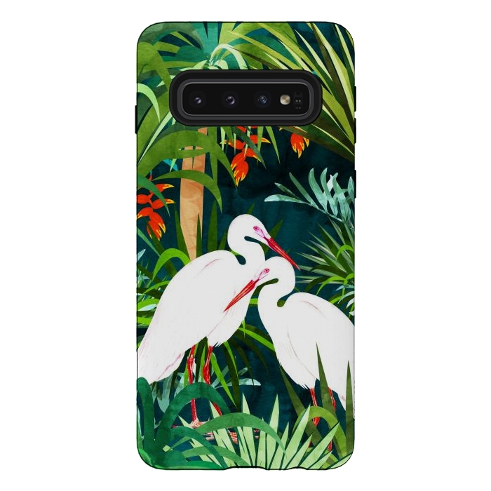 Galaxy S10 StrongFit To Me, You're Perfect, Tropical Jungle Heron Watercolor Vibrant Painting, Stork Birds Wildlife Love by Uma Prabhakar Gokhale