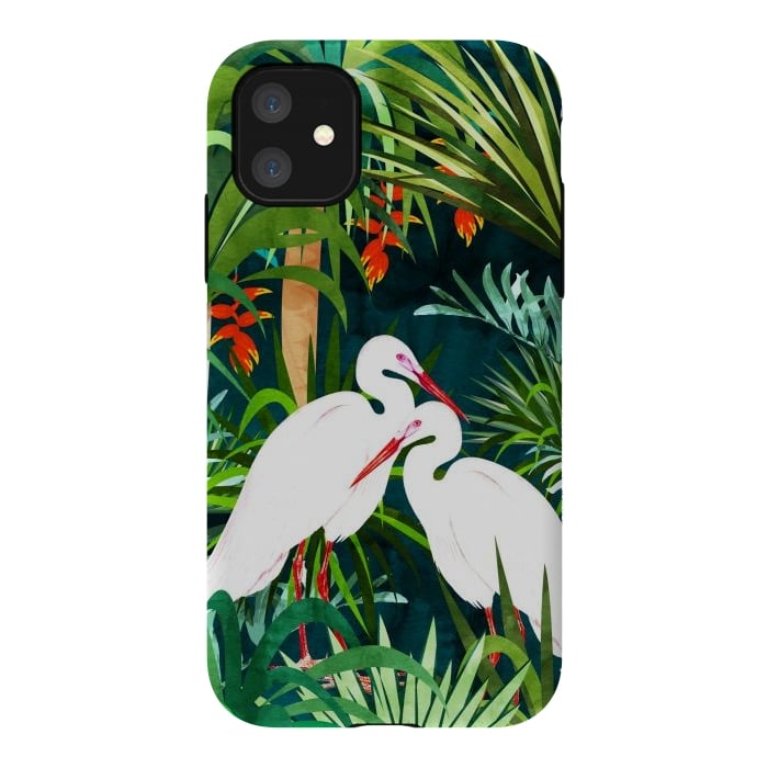 iPhone 11 StrongFit To Me, You're Perfect, Tropical Jungle Heron Watercolor Vibrant Painting, Stork Birds Wildlife Love por Uma Prabhakar Gokhale