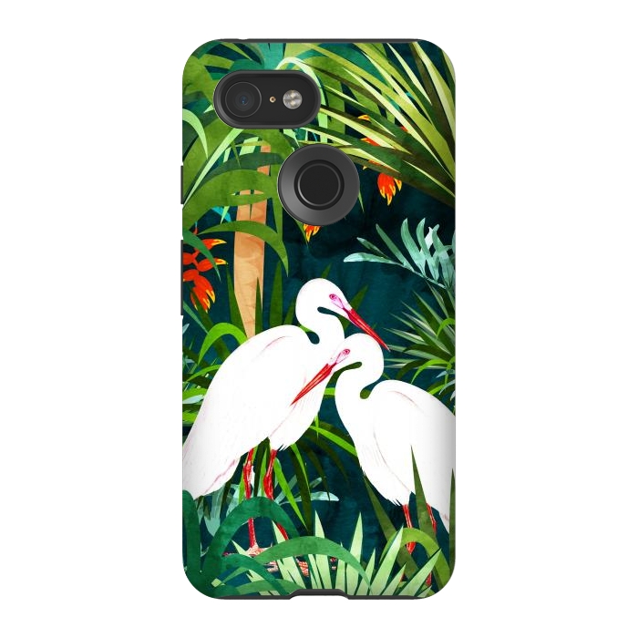Pixel 3 StrongFit To Me, You're Perfect, Tropical Jungle Heron Watercolor Vibrant Painting, Stork Birds Wildlife Love by Uma Prabhakar Gokhale