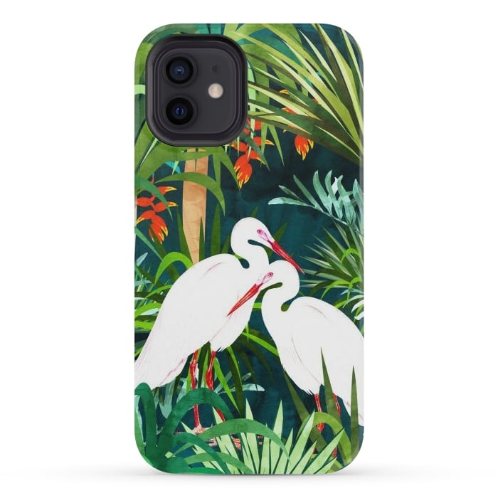 iPhone 12 mini StrongFit To Me, You're Perfect, Tropical Jungle Heron Watercolor Vibrant Painting, Stork Birds Wildlife Love by Uma Prabhakar Gokhale