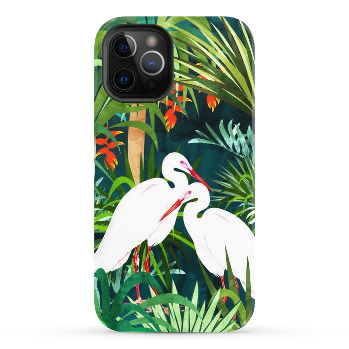 iPhone 12 Pro StrongFit To Me, You're Perfect, Tropical Jungle Heron Watercolor Vibrant Painting, Stork Birds Wildlife Love by Uma Prabhakar Gokhale