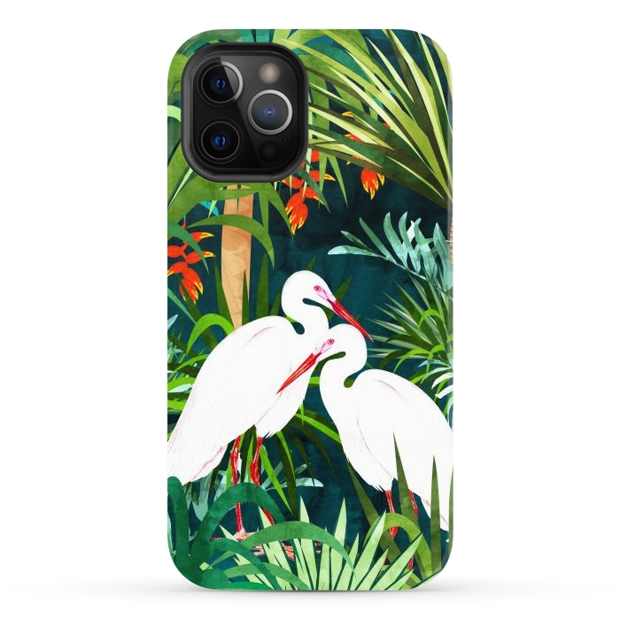 iPhone 12 Pro Max StrongFit To Me, You're Perfect, Tropical Jungle Heron Watercolor Vibrant Painting, Stork Birds Wildlife Love by Uma Prabhakar Gokhale
