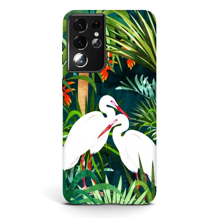 Galaxy S21 ultra StrongFit To Me, You're Perfect, Tropical Jungle Heron Watercolor Vibrant Painting, Stork Birds Wildlife Love por Uma Prabhakar Gokhale