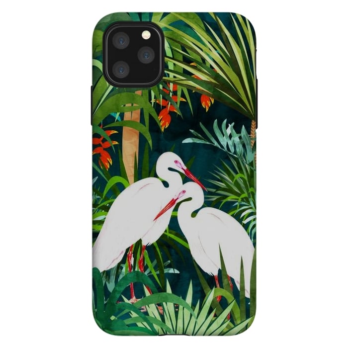 iPhone 11 Pro Max StrongFit To Me, You're Perfect, Tropical Jungle Heron Watercolor Vibrant Painting, Stork Birds Wildlife Love por Uma Prabhakar Gokhale