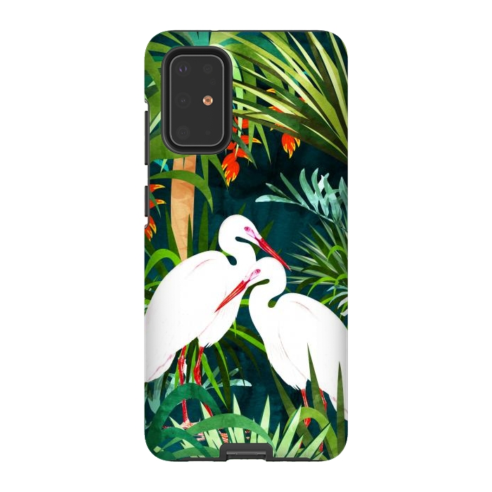Galaxy S20 Plus StrongFit To Me, You're Perfect, Tropical Jungle Heron Watercolor Vibrant Painting, Stork Birds Wildlife Love by Uma Prabhakar Gokhale