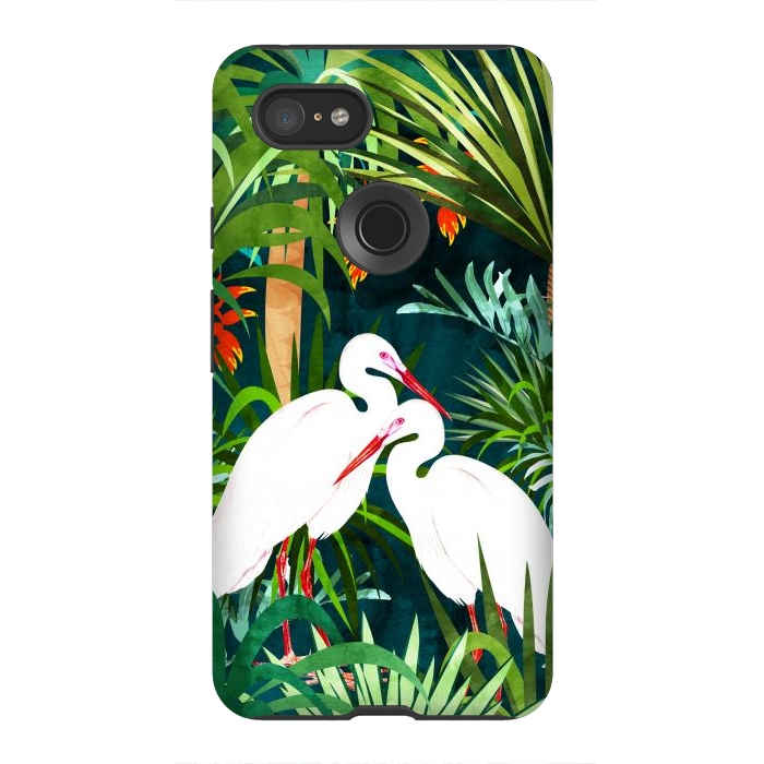Pixel 3XL StrongFit To Me, You're Perfect, Tropical Jungle Heron Watercolor Vibrant Painting, Stork Birds Wildlife Love by Uma Prabhakar Gokhale