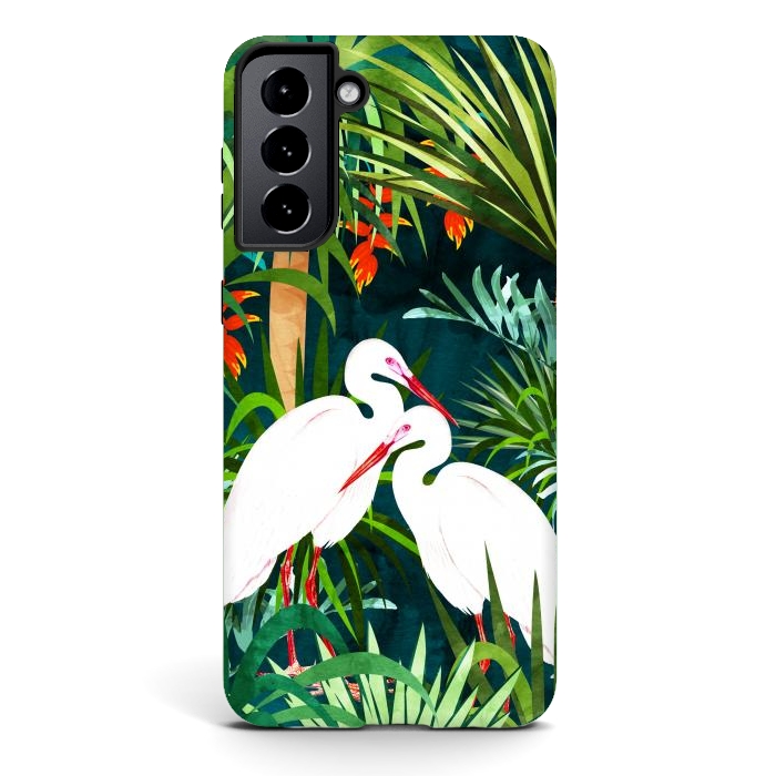 Galaxy S21 plus StrongFit To Me, You're Perfect, Tropical Jungle Heron Watercolor Vibrant Painting, Stork Birds Wildlife Love por Uma Prabhakar Gokhale