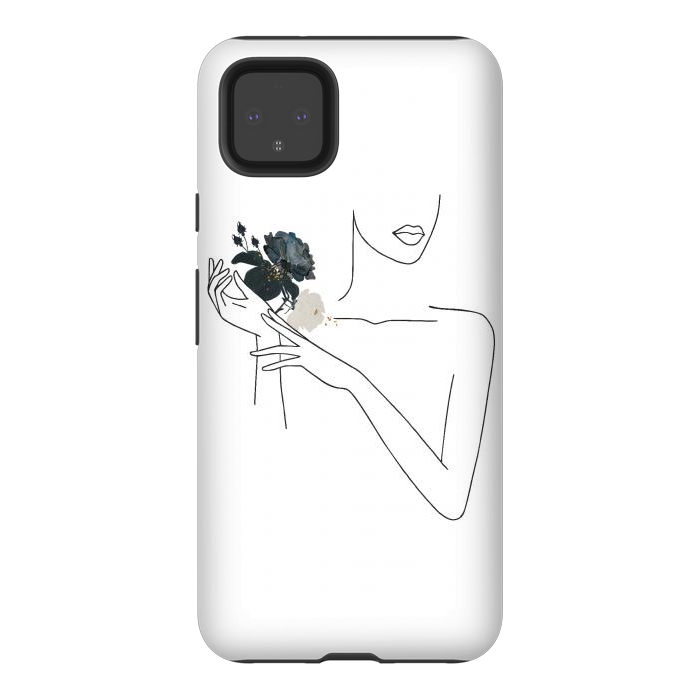 Pixel 4XL StrongFit Lineart Girl With Black Flowers by DaDo ART