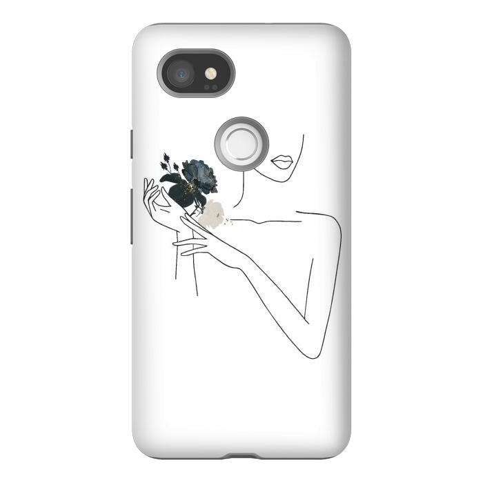 Pixel 2XL StrongFit Lineart Girl With Black Flowers by DaDo ART