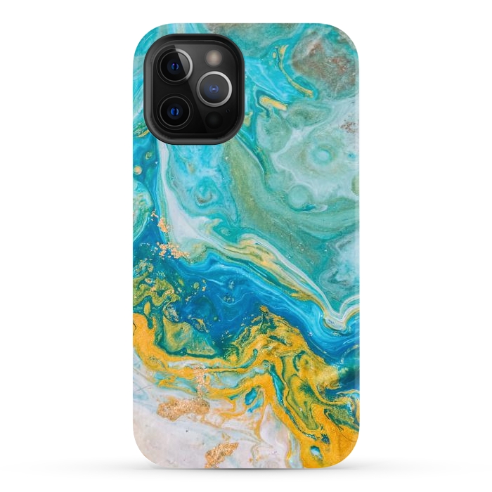iPhone 12 Pro Max StrongFit Blue Acrylic Texture with Golden Marble Motifs by ArtsCase