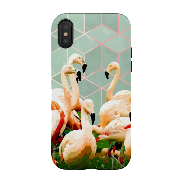 iPhone Xs / X StrongFit Flamingle Abstract Digital, Flamingo Wildlife Painting, Birds Geometric Collage by Uma Prabhakar Gokhale