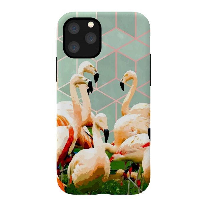 iPhone 11 Pro StrongFit Flamingle Abstract Digital, Flamingo Wildlife Painting, Birds Geometric Collage by Uma Prabhakar Gokhale