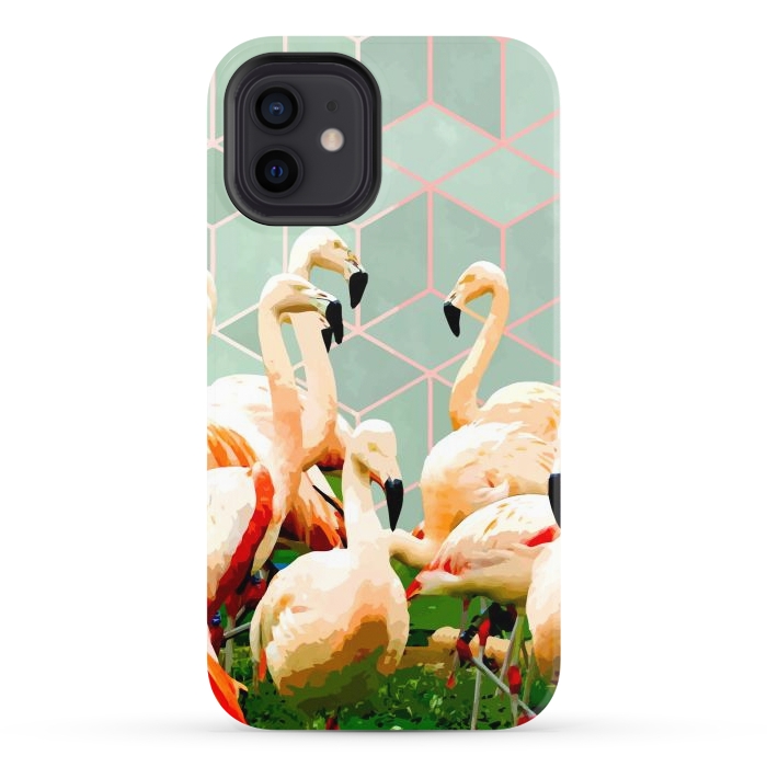 iPhone 12 StrongFit Flamingle Abstract Digital, Flamingo Wildlife Painting, Birds Geometric Collage by Uma Prabhakar Gokhale