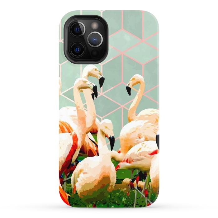 iPhone 12 Pro StrongFit Flamingle Abstract Digital, Flamingo Wildlife Painting, Birds Geometric Collage by Uma Prabhakar Gokhale