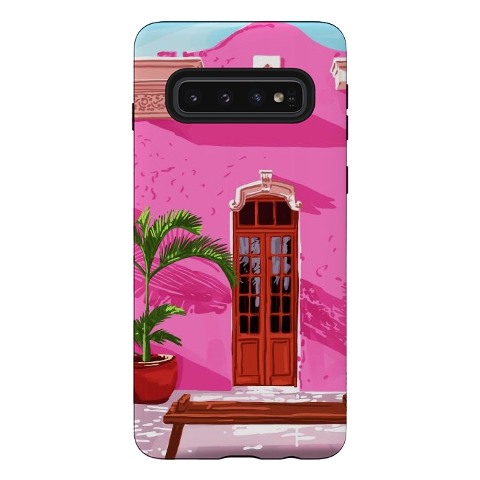 Galaxy S10 StrongFit Pink Building Architecture | Pop Art Travel House Painting | Modern Bohemian Décor Spain Palace by Uma Prabhakar Gokhale