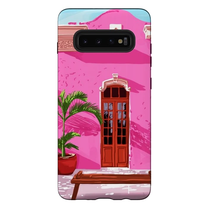Galaxy S10 plus StrongFit Pink Building Architecture | Pop Art Travel House Painting | Modern Bohemian Décor Spain Palace by Uma Prabhakar Gokhale