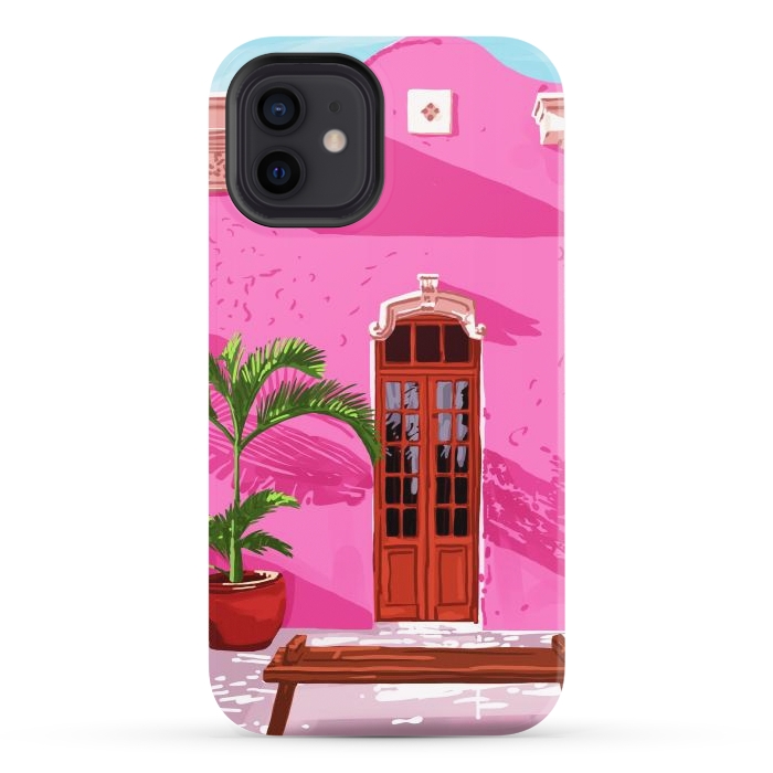 iPhone 12 StrongFit Pink Building, Exotic Modern Architecture, Travel Cities, Morocco, Tropical Spain Illustration by Uma Prabhakar Gokhale
