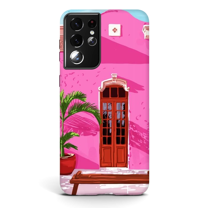 Galaxy S21 ultra StrongFit Pink Building Architecture | Pop Art Travel House Painting | Modern Bohemian Décor Spain Palace by Uma Prabhakar Gokhale