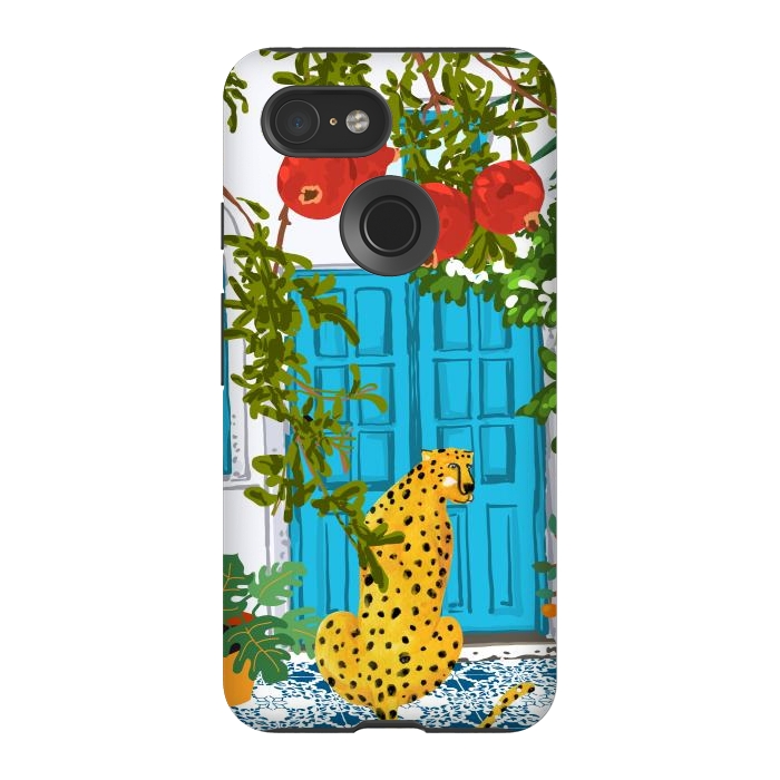 Pixel 3 StrongFit Cheetah Home, Morocco Architecture Illustration, Greece Cats Tropical Urban Jungle Pomegranate by Uma Prabhakar Gokhale