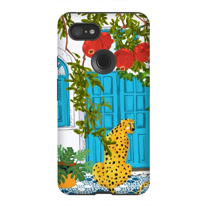 Pixel 3XL StrongFit Cheetah Home, Morocco Architecture Illustration, Greece Cats Tropical Urban Jungle Pomegranate by Uma Prabhakar Gokhale