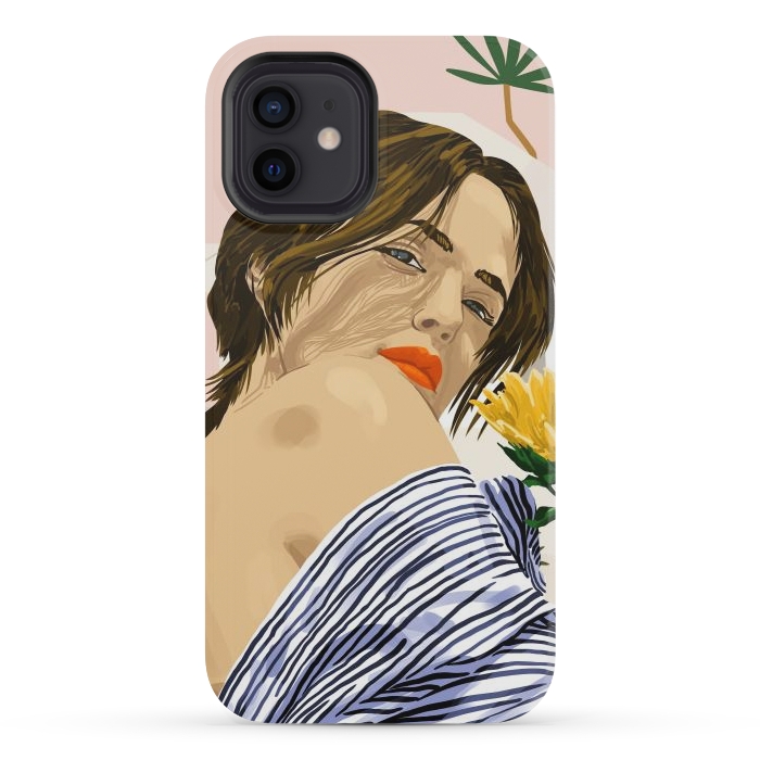 iPhone 12 mini StrongFit I Travel, I Become  Morocco Architecture Illustration, Bohemian Woman Tropical Sunflower Boho Palm by Uma Prabhakar Gokhale