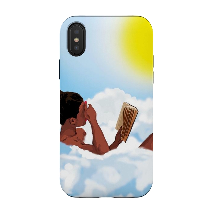 iPhone Xs / X StrongFit Reading on Clouds, Black Woman Summer Sunny Day Book Painting, Bohemian Nude by Uma Prabhakar Gokhale
