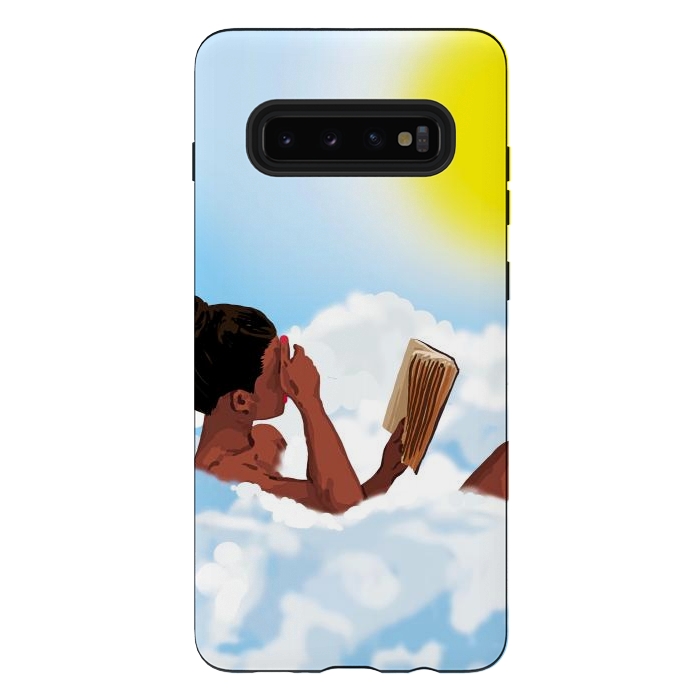 Galaxy S10 plus StrongFit Reading on Clouds, Black Woman Summer Sunny Day Book Painting, Bohemian Nude by Uma Prabhakar Gokhale