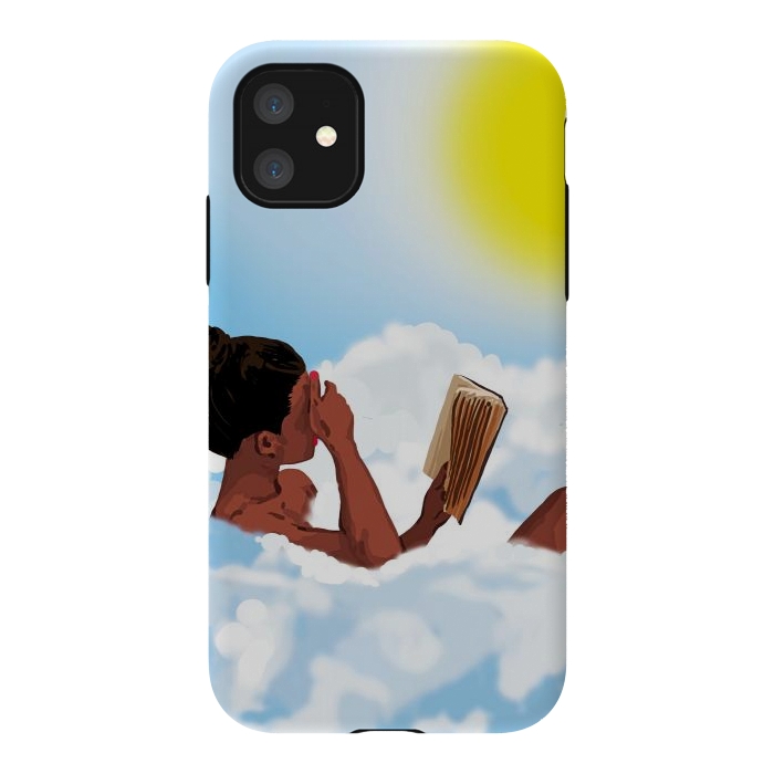 iPhone 11 StrongFit Reading on Clouds, Black Woman Summer Sunny Day Book Painting, Bohemian Nude by Uma Prabhakar Gokhale