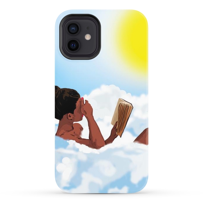 iPhone 12 StrongFit Reading on Clouds, Black Woman Summer Sunny Day Book Painting, Bohemian Nude by Uma Prabhakar Gokhale
