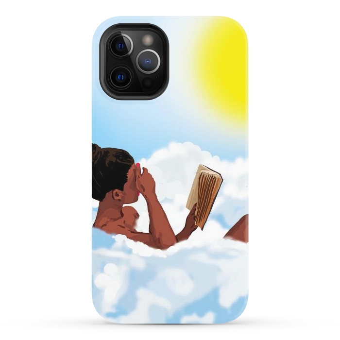 iPhone 12 Pro StrongFit Reading on Clouds, Black Woman Summer Sunny Day Book Painting, Bohemian Nude by Uma Prabhakar Gokhale