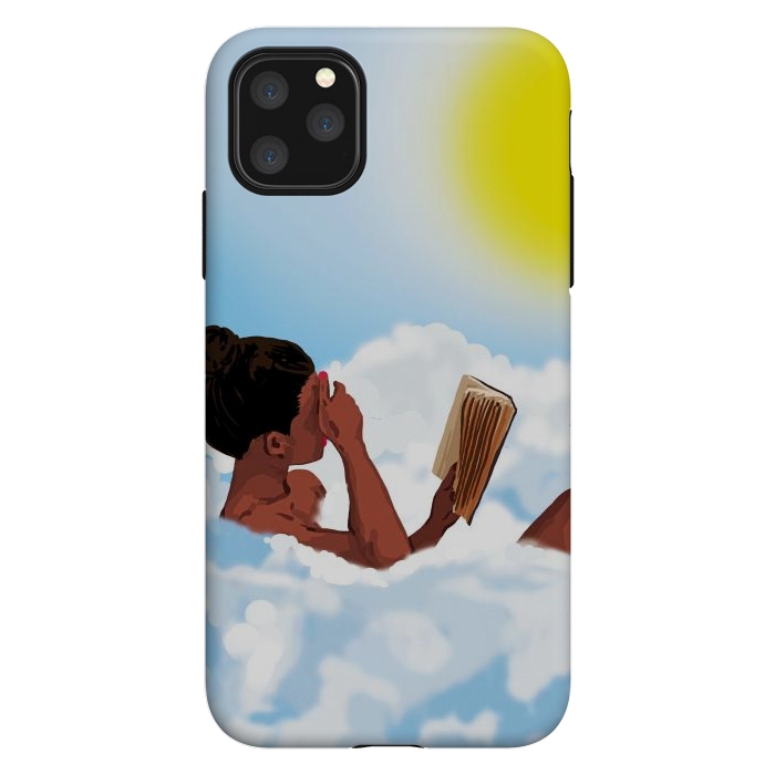 iPhone 11 Pro Max StrongFit Reading on Clouds, Black Woman Summer Sunny Day Book Painting, Bohemian Nude by Uma Prabhakar Gokhale