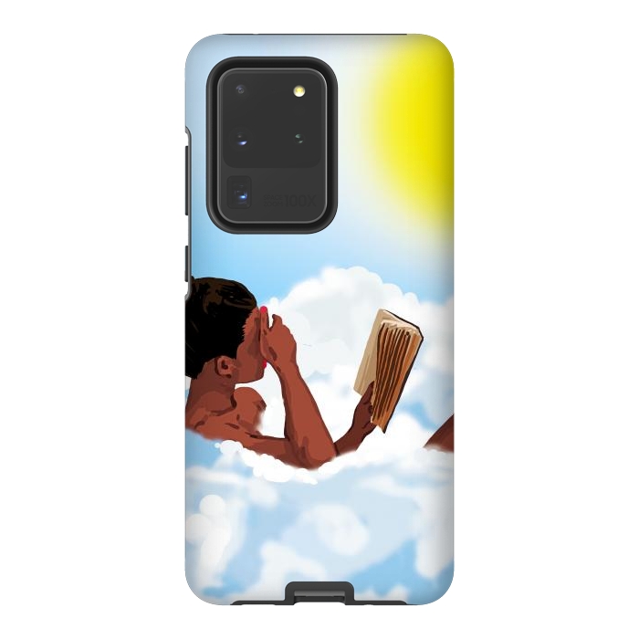 Galaxy S20 Ultra StrongFit Reading on Clouds, Black Woman Summer Sunny Day Book Painting, Bohemian Nude by Uma Prabhakar Gokhale