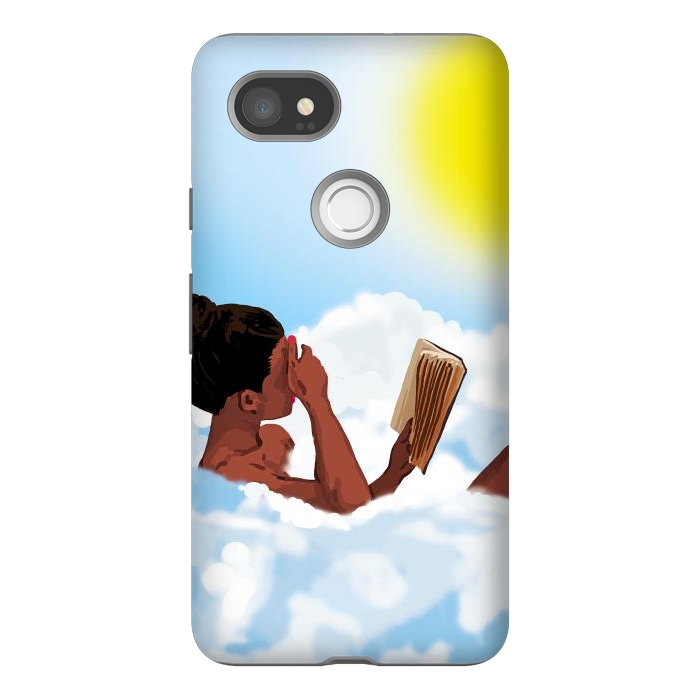 Pixel 2XL StrongFit Reading on Clouds, Black Woman Summer Sunny Day Book Painting, Bohemian Nude by Uma Prabhakar Gokhale