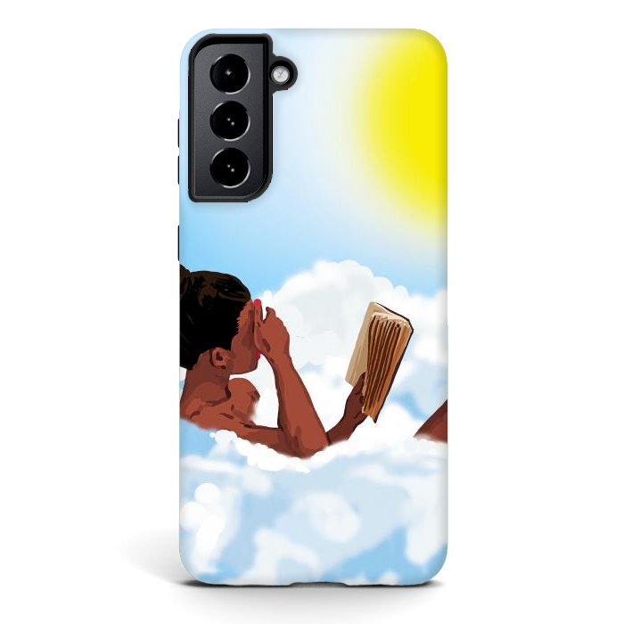 Galaxy S21 StrongFit Reading on Clouds, Black Woman Summer Sunny Day Book Painting, Bohemian Nude by Uma Prabhakar Gokhale