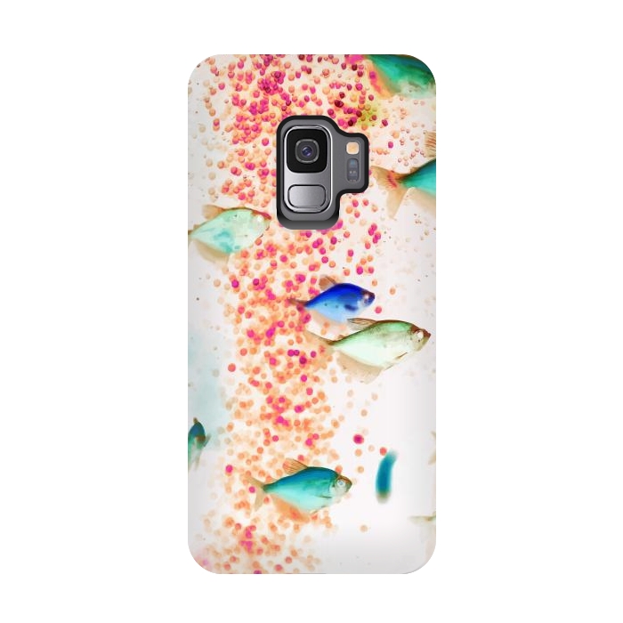 Galaxy S9 StrongFit Something Fishy, Pink Bubbles & Blue Green Fish Graphic Design Digital Eclectic Surrealism by Uma Prabhakar Gokhale