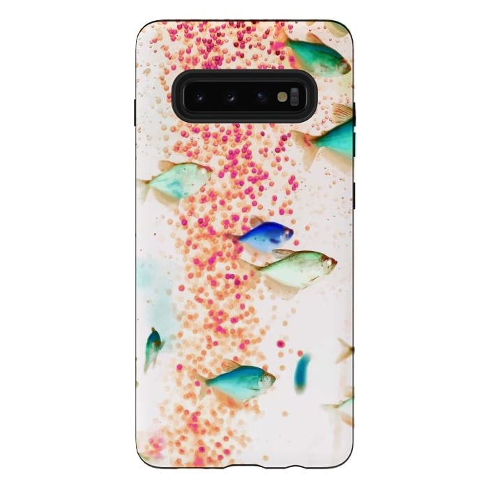 Galaxy S10 plus StrongFit Something Fishy, Pink Bubbles & Blue Green Fish Graphic Design Digital Eclectic Surrealism by Uma Prabhakar Gokhale