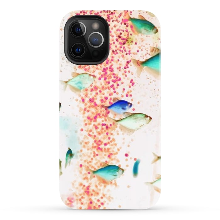 iPhone 12 Pro StrongFit Something Fishy, Pink Bubbles & Blue Green Fish Graphic Design Digital Eclectic Surrealism by Uma Prabhakar Gokhale