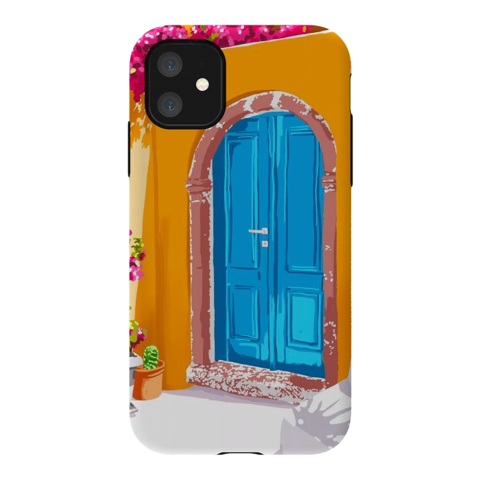iPhone 11 StrongFit Sunny Morocco, Summer Architecture Greece Travel Painting, Boungainvillea Tropical Floral by Uma Prabhakar Gokhale