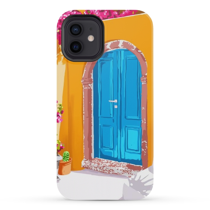 iPhone 12 mini StrongFit Sunny Morocco, Summer Architecture Greece Travel Painting, Boungainvillea Tropical Floral by Uma Prabhakar Gokhale