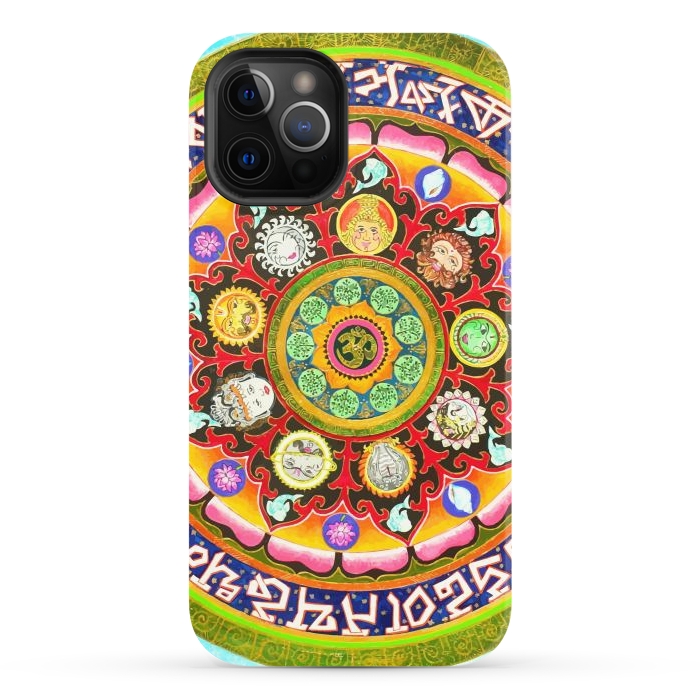 iPhone 12 Pro StrongFit Chakra Mandala, Ayurveda Yoga Aum, Eclectic Colorful Bohemian Sun Sign Moon Sign Zodiac Astrology by Uma Prabhakar Gokhale