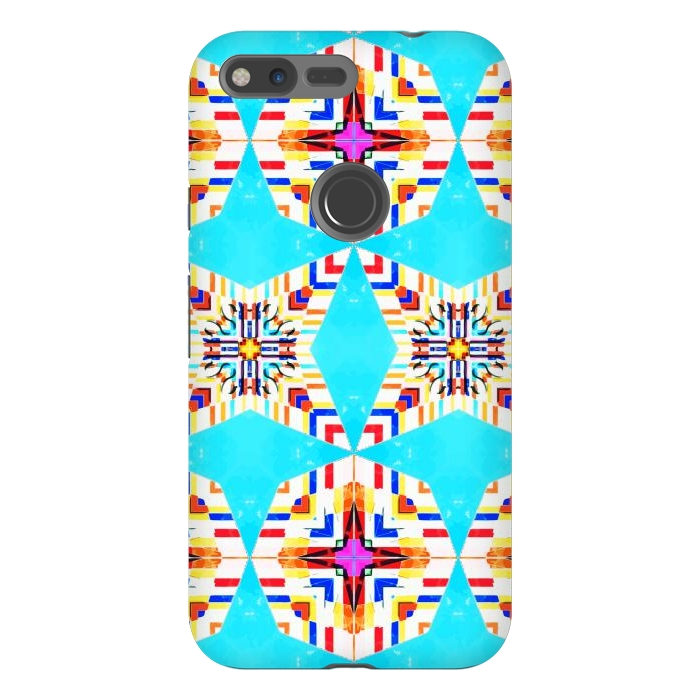Pixel XL StrongFit Exotic Tiles, Moroccan Teal Kaleidoscope Pattern, Turkish Bohemian Colorful Culture Eclectic Graphic by Uma Prabhakar Gokhale
