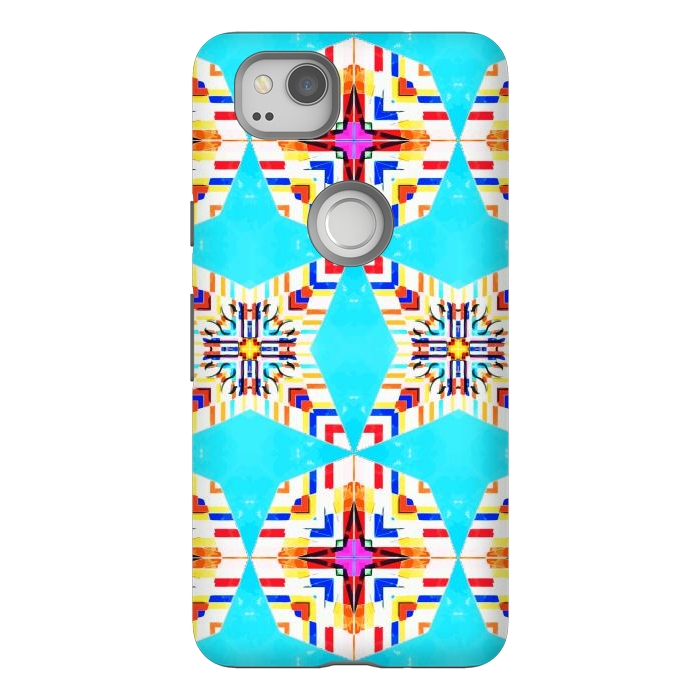 Pixel 2 StrongFit Exotic Tiles, Moroccan Teal Kaleidoscope Pattern, Turkish Bohemian Colorful Culture Eclectic Graphic by Uma Prabhakar Gokhale