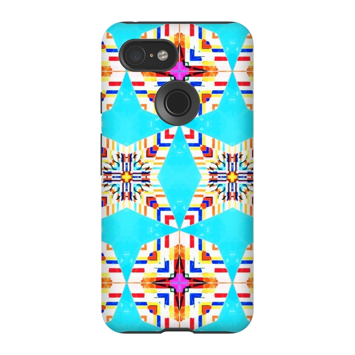 Pixel 3 StrongFit Exotic Tiles, Moroccan Teal Kaleidoscope Pattern, Turkish Bohemian Colorful Culture Eclectic Graphic by Uma Prabhakar Gokhale
