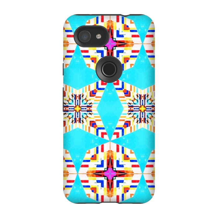Pixel 3A StrongFit Exotic Tiles, Moroccan Teal Kaleidoscope Pattern, Turkish Bohemian Colorful Culture Eclectic Graphic by Uma Prabhakar Gokhale