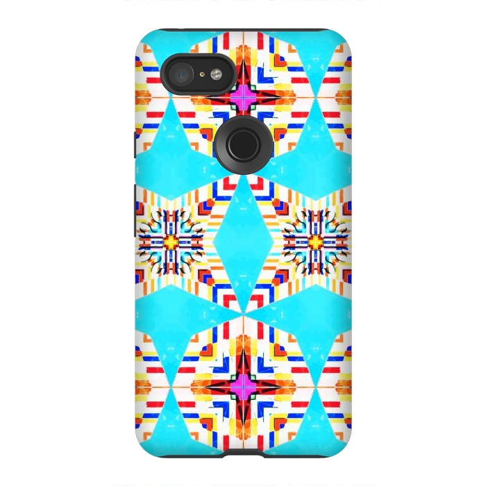 Pixel 3XL StrongFit Exotic Tiles, Moroccan Teal Kaleidoscope Pattern, Turkish Bohemian Colorful Culture Eclectic Graphic by Uma Prabhakar Gokhale