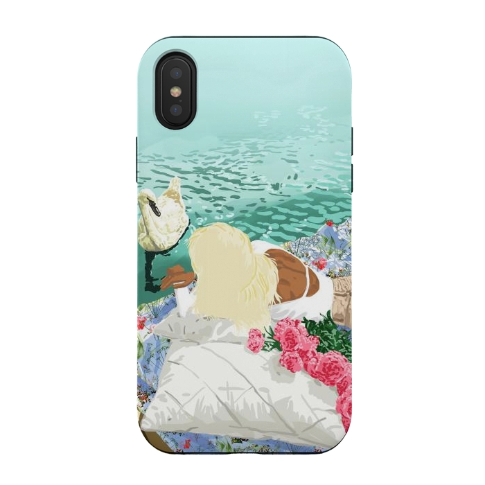 iPhone Xs / X StrongFit Heart Upon My Sleeve, Valentine's Day Love Bohemian Black Woman Pond Jungle Ducks Wildlife Painting by Uma Prabhakar Gokhale