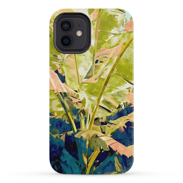 iPhone 12 mini StrongFit Blush Banana Tree, Tropical Banana Leaves Painting, Watercolor Nature Jungle Botanical Illustration by Uma Prabhakar Gokhale