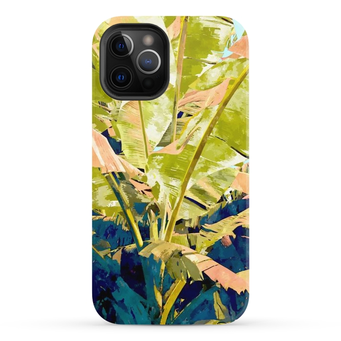 iPhone 12 Pro StrongFit Blush Banana Tree, Tropical Banana Leaves Painting, Watercolor Nature Jungle Botanical Illustration by Uma Prabhakar Gokhale