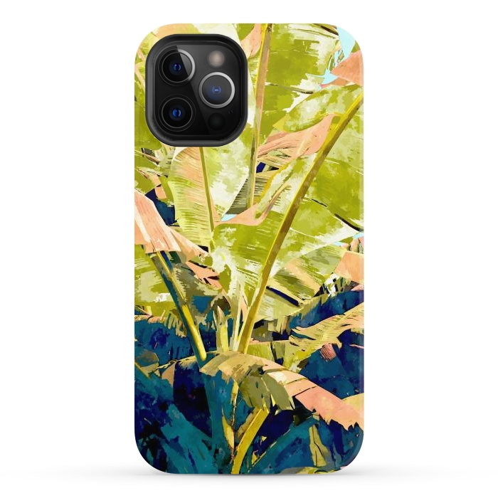 iPhone 12 Pro Max StrongFit Blush Banana Tree, Tropical Banana Leaves Painting, Watercolor Nature Jungle Botanical Illustration by Uma Prabhakar Gokhale